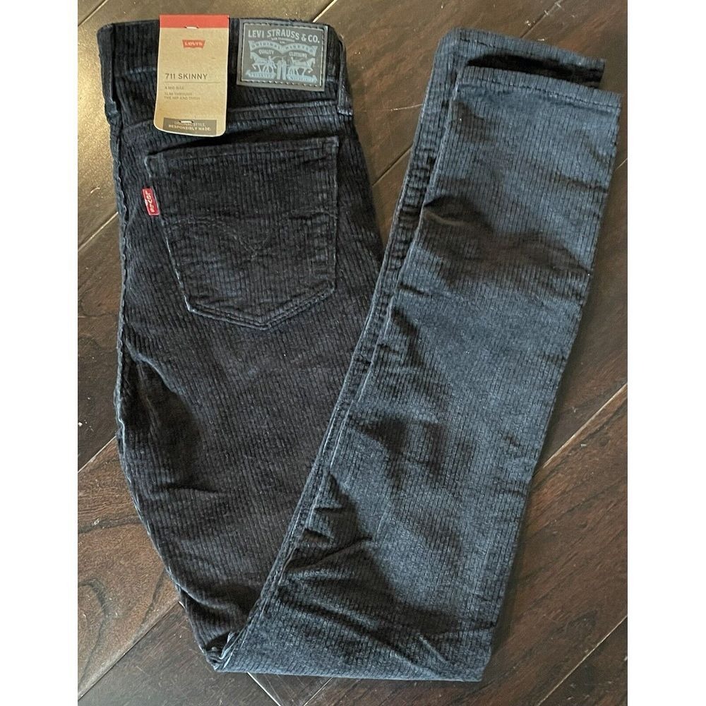 Levi's 711 Skinny Corduroy Pants Women 27x30 Blk Mid Rise Slim Fit Chic Goth NEW